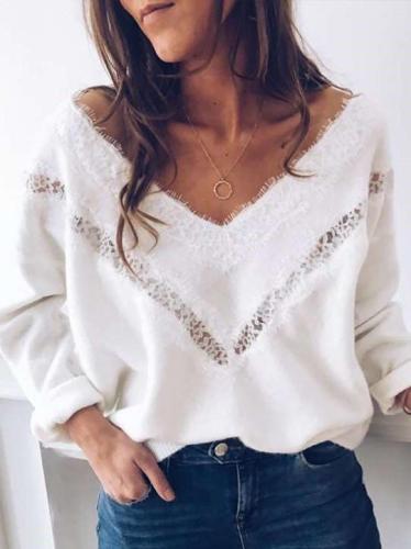 Sexy Lace Hollow out V neck Pure T-Shirts