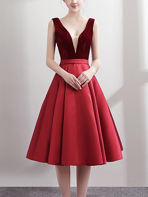 Fashion Stitching Deep V Neck Sleeveless Sexy Elegant A-Line Evening Dresses