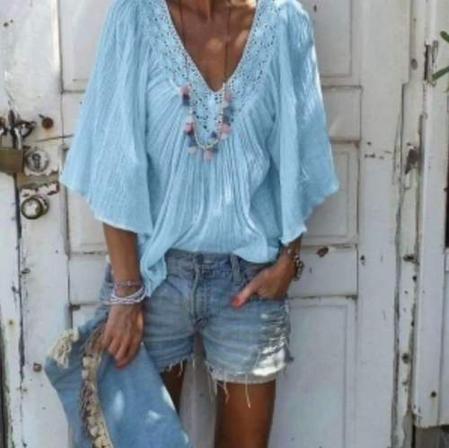 Casual Loose V neck Hollow out Pure Half sleeve Blouses