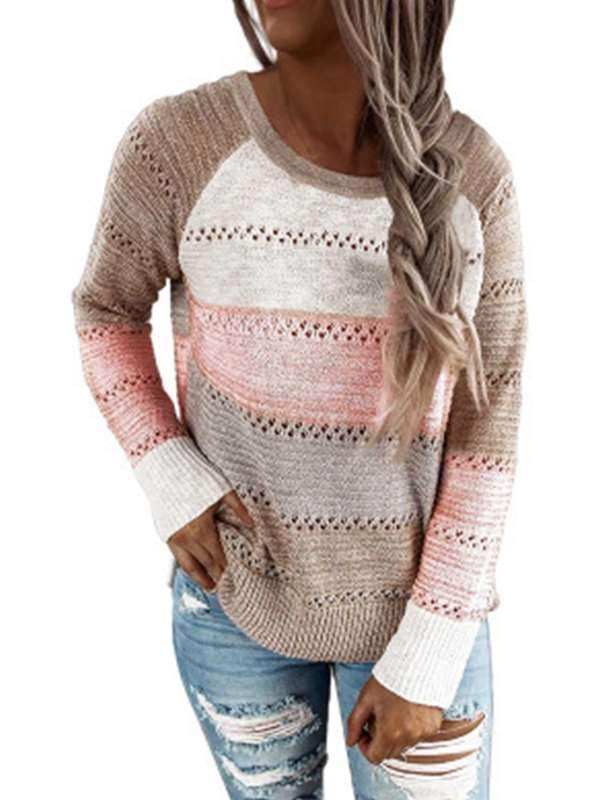 Women round neck color matching long sleeve casual sweaters
