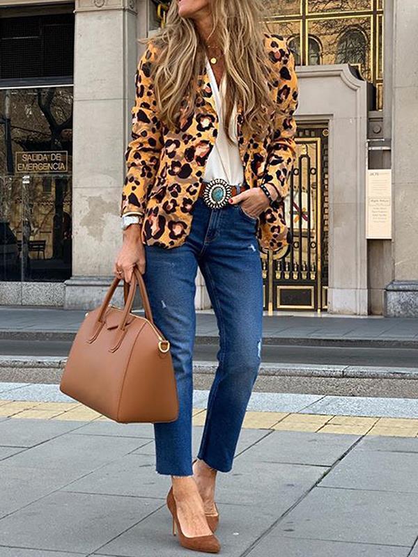 Fashion turn down long sleeve leopard printed blazers