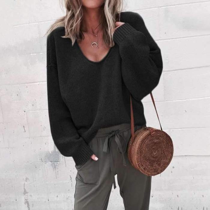 Fashion Casual Pure V neck Long sleeve Sweaters