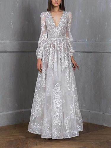Lace embroidered wedding party evening dresses