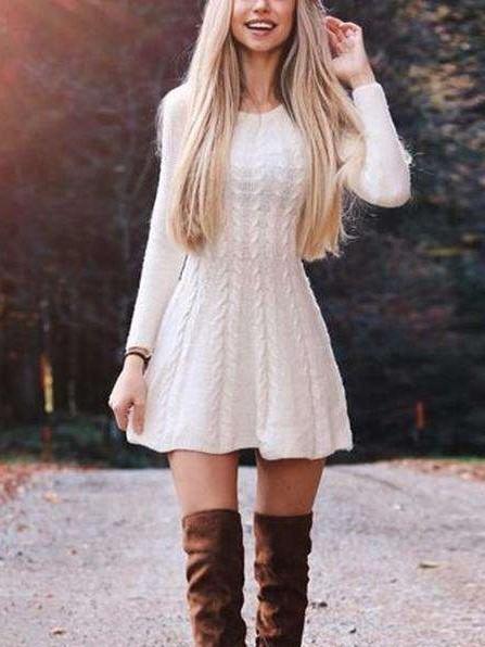 Fashion Pure Round neck Long sleeve Knit Skater Dresses Sweater Dress