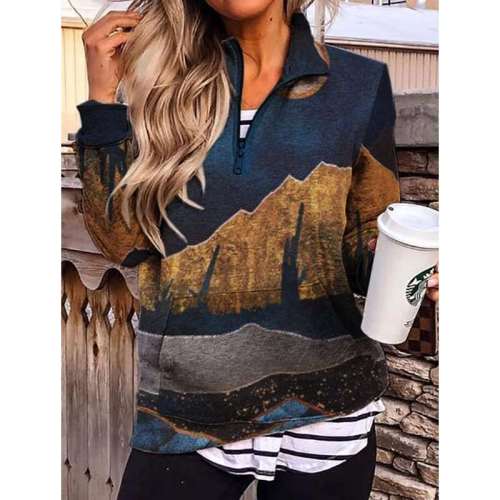 Fashion Landscape print Lapel Long sleeve Zipper Sweatshirts