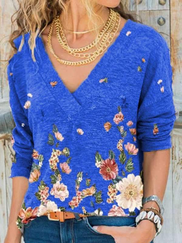 V neck Long Sleeve Flower and butterfly Printed T-shirts