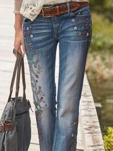 Women embroidery printed long pants denim jeans