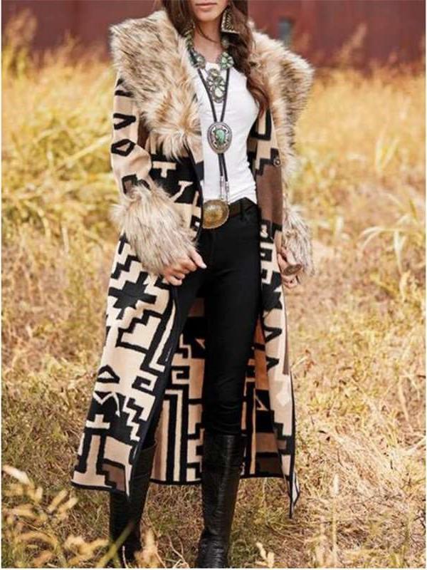 Fashion Geometric patterns Fur collar Long sleeve Trench Coats