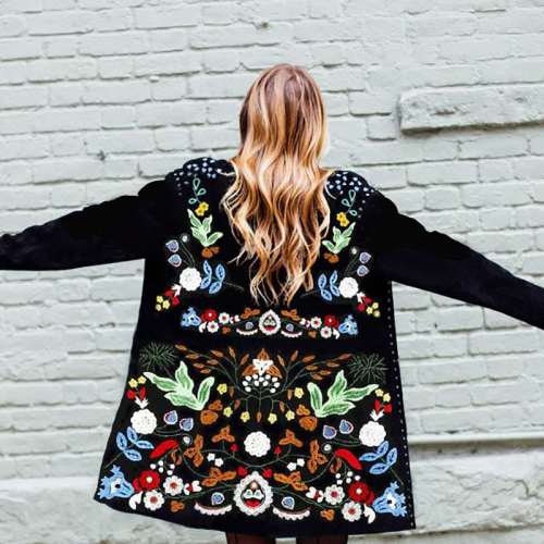 Fashion Casual Floral print Round neck Long sleeve Coats