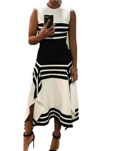Fashion Round neck Sleeveless Stripe Big Hem Maxi Dresses