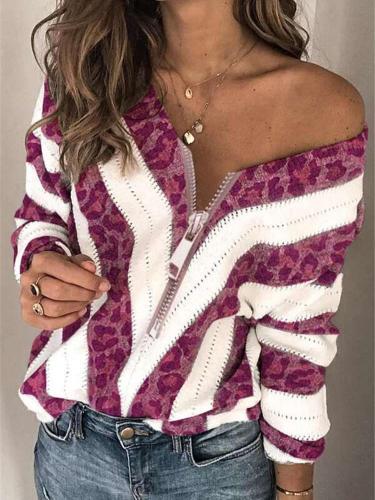 Fashion Stripe Zipper V neck Long sleeve Knit Sweaters