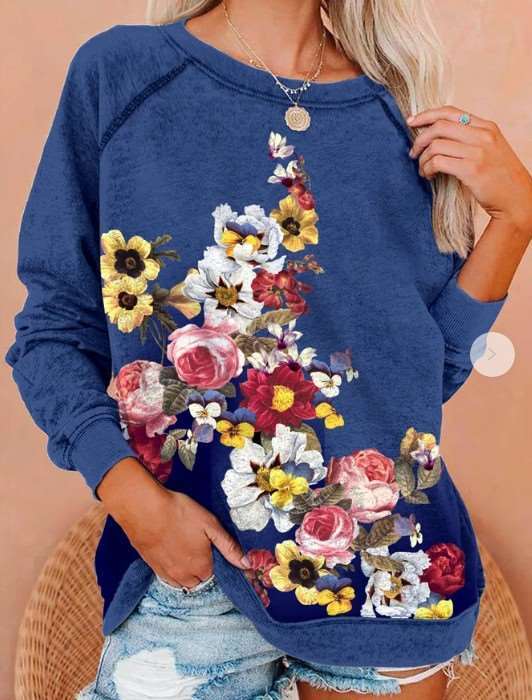 Fashion Casual Floral print Round neck Long sleeve T-Shirts