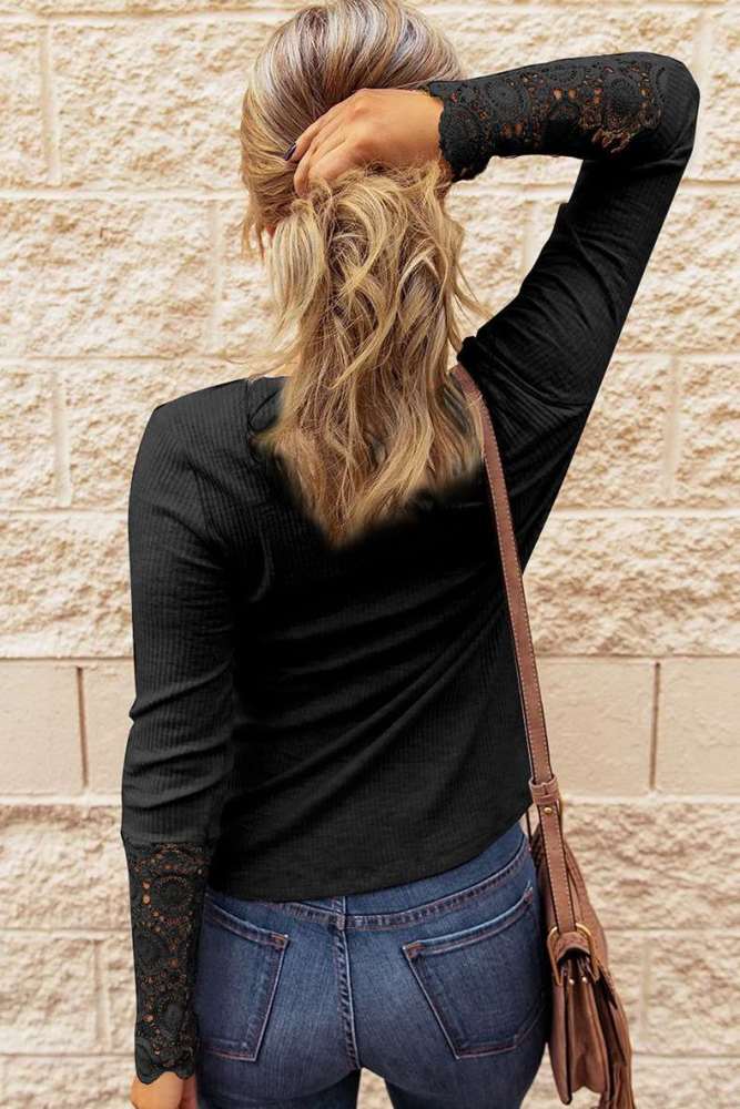 Fashion Pure Lace Gored Round neck Fastener Long sleeve T-Shirts
