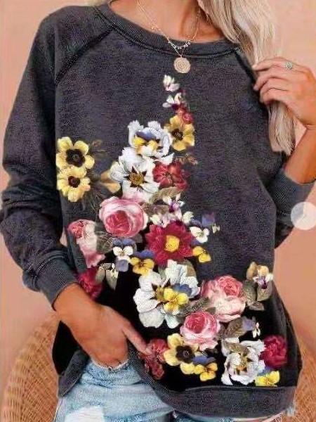 Fashion Casual Floral print Round neck Long sleeve T-Shirts