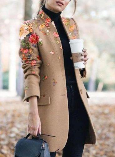 Fashion Floral print Stand collar Long sleeve  Pockets Coat