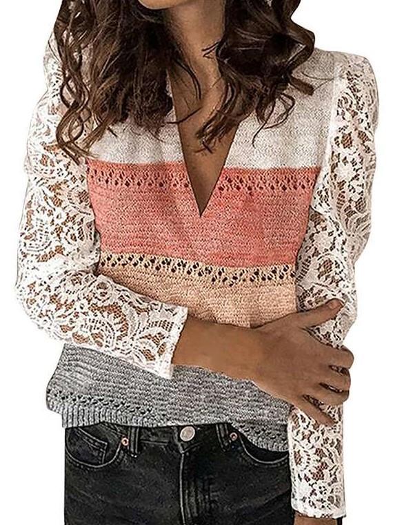 Fashion Lace Gored V neck Long sleeve Knit Sweaters