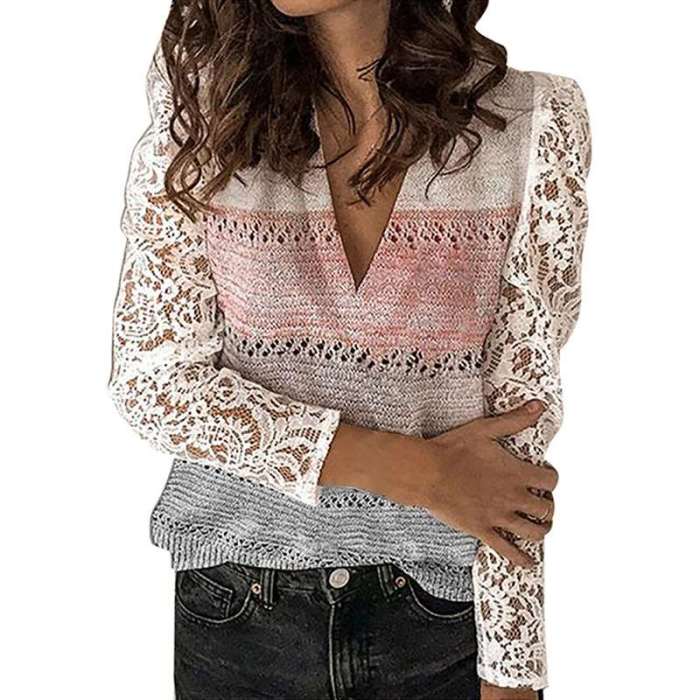 Fashion Lace Gored V neck Long sleeve Knit Sweaters
