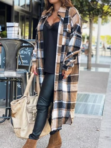 Women fashion Lapel Wool Plaid Coats Turn down neck blouse coats