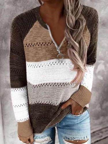 Fashion Gored Zipper V neck Long sleeve Knit Sweaters