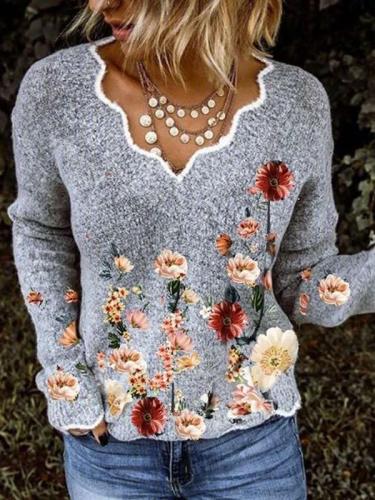 Women Simple Basic Floral-Print Shift Long Sleeve Sweaters