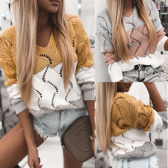 Fashion Gored Hollow out V neck Knit Long sleeve Sweaters