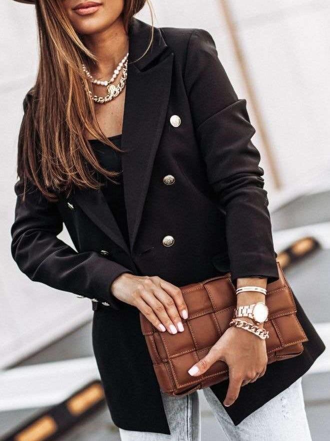 Casual Pure Lapel Long sleeve Double-breasted Blazer