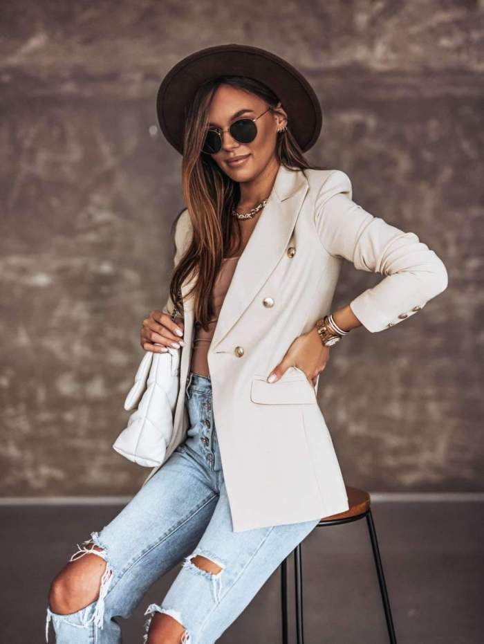 Casual Pure Lapel Long sleeve Double-breasted Blazer