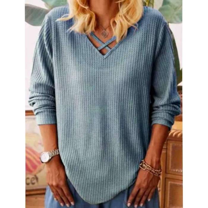 Casual Pure V neck Long sleeve Knit Sweaters