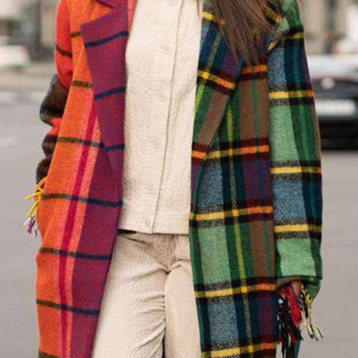 Fashion Casual Gored Plaid print Lapel Long sleeve Macrame Trench Coats