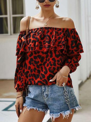 Stylish Leopard print One shoulder Long sleeve Falbala T-Shirts