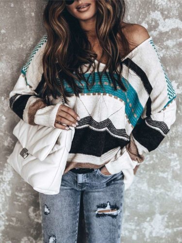 Casual Loose Stripe print V neck Long sleeve Knit Sweaters