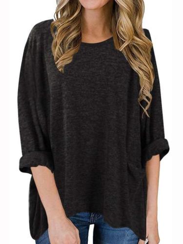 Casual Loose Pure Round neck Long sleeve T-Shirts