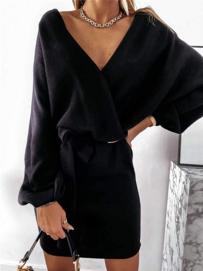 Fashion Pure Lacing V neck Long sleeve Knit Bodycon Dresses