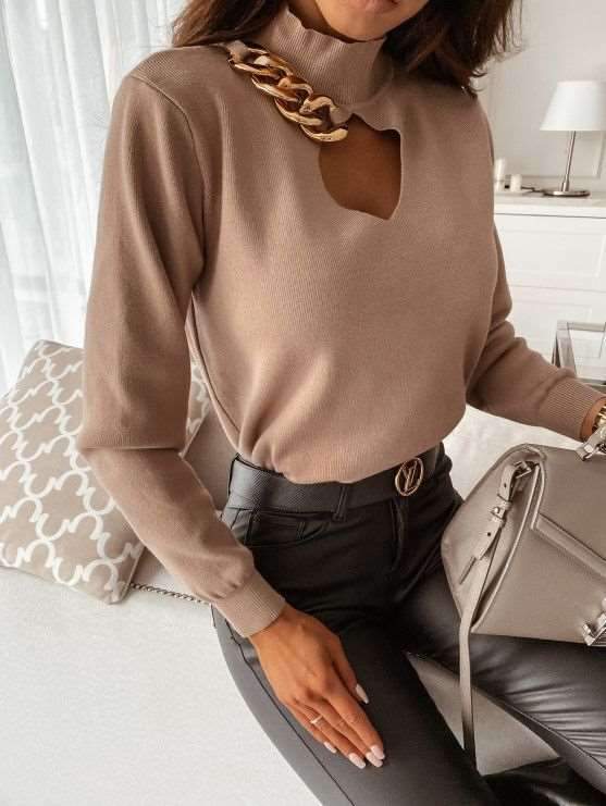 Fashion Pure Chain Hollow out High collar Long sleeve Knit Sweaters