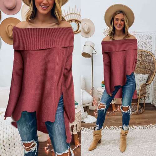 Casual Pure One shoulder Long sleeve Knit Sweaters