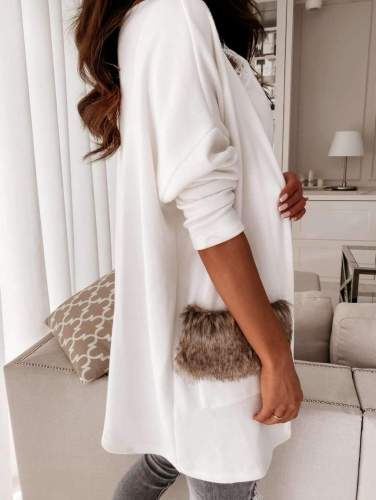 Fashion Pure V neck Long sleeve Lacing Fur Pocket Coats