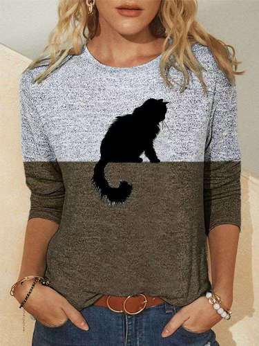 Fashion Gored Cat print Round neck Long sleeve T-Shirts