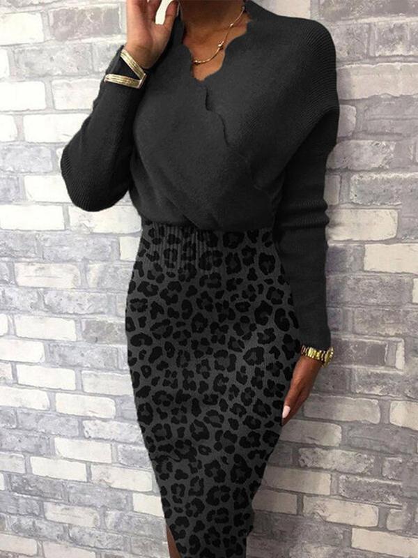 Fashion leopard printed patchwork long sleeve buttock high-waisted bodycon dress