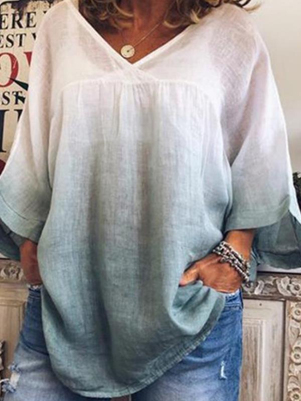 Gradient print fashion V neck loose casual middle sleeve T-shirts Blouses