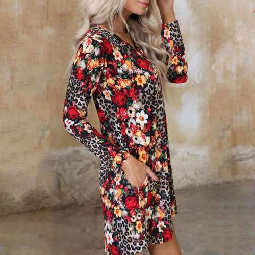 Fashion Leopard Floral Print V neck Long sleeve Shift Dresses