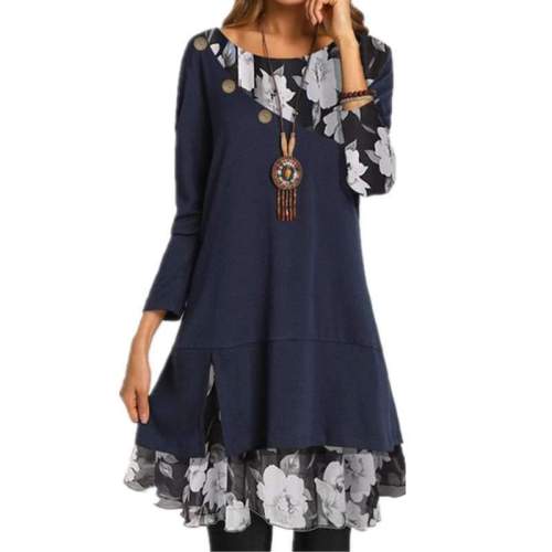 Casual Gored Floral print Round neck Long sleeve Shift Dresses