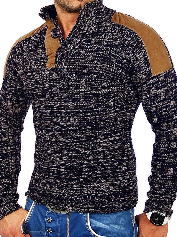 Men's Stand Collar Patchwork Button Knit Sweater