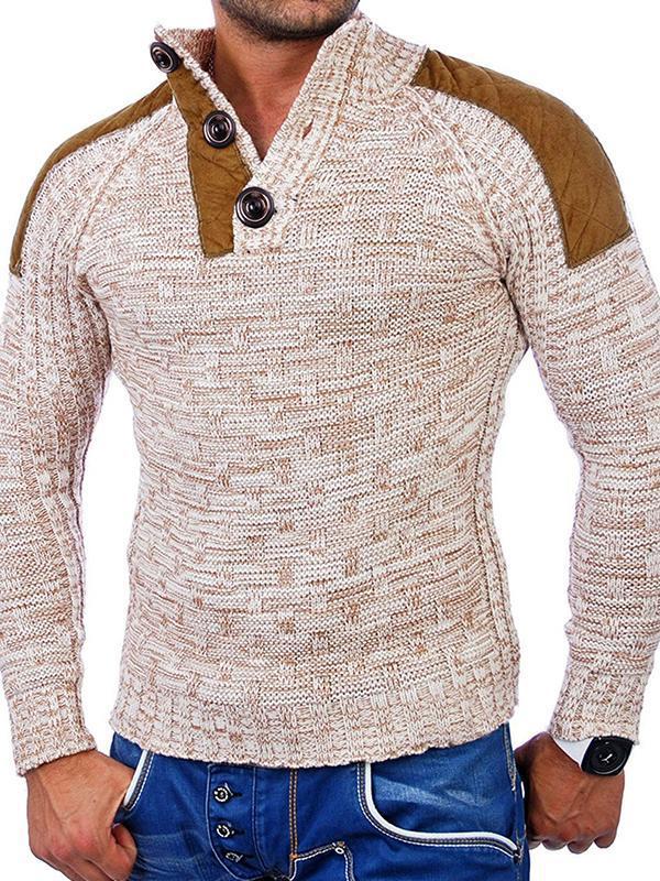 Men's Stand Collar Patchwork Button Knit Sweater