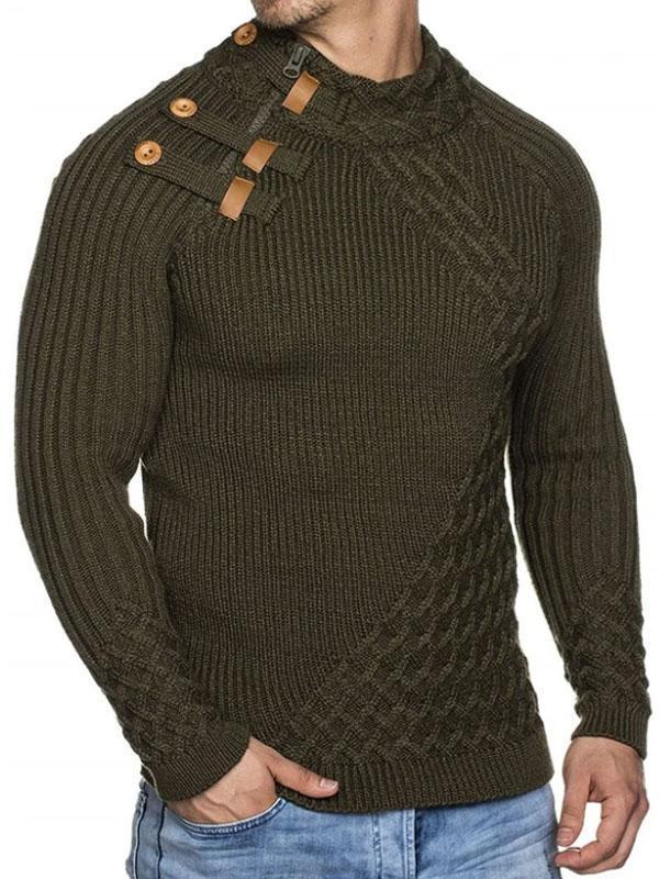 Men's Stand-Up Collar Button Zip Pure Color Sweater