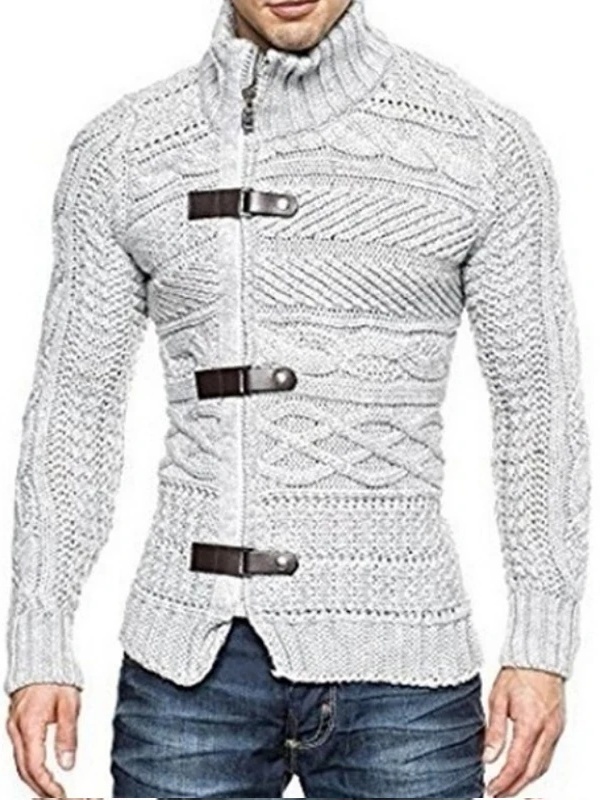Men's High Neck Leather Button Knitted Sweater
