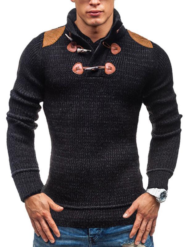 Men's Patchwork Stand Collar Horn Button Knitted Sweater