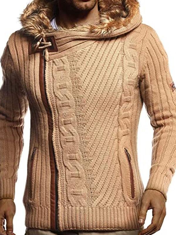 Mens Casual Diagonal Zipper Plus Fleece Hooded Sweater Coat