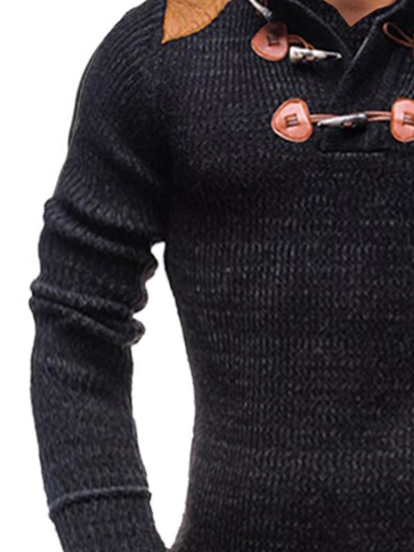 Men's Patchwork Stand Collar Horn Button Knitted Sweater