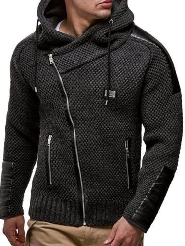 Mens Black PU Patchwork Long Sleeve Zip Sweater Jacket