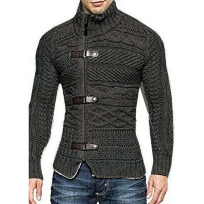 Men's High Neck Leather Button Knitted Sweater